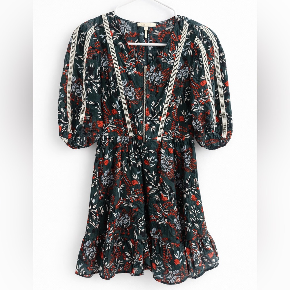 MAJE Rubik Green Floral Woven Puff Sleeve Dress In Imprime Women’s sz 1 - small